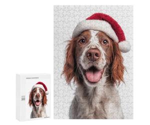 Puzzle 300 PCS pour Adolescents Irish Red and White Setter Dog with Santa Hat Portrait Puzzle Jeux De Famille Assemblage De Motifs Cadeaux Uniques pour Anniversaire Et Noël 300 PCS