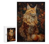 Puzzle 300 PCS pour Adolescents Majestic Red Tabby Maine Coon Cat Portrait with Floral Background Puzzle pour Adultes Jeux Relaxants Décoration Parfaite, pour Toute La Famille 300 PCS