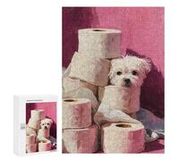 Puzzle 300 PCS pour Adolescents Maltese Dog with Toilet Paper Painting Bathroom Wall Art Puzzles pour Adultes Jeu Familial Décoration Intérieure pour Anniversaire, Noël 300 PCS