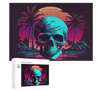 Puzzle 300 PCS pour Adolescents Neon Skull Sunset Palm Trees Puzzle pour Adultes Jeu De Réflexion, Analyse Et Logique, Idéal comme Cadeau 300 PCS