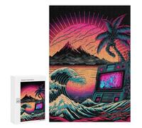 Puzzle 300 PCS pour Adolescents Neon Sunset Boombox Wave Puzzles pour Adultes Jeu Familial Course De Vitesse Manuelle Cadeaux Anti-Stress 300 PCS