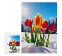 Puzzle 300 PCS pour Adolescents Red Yellow Tulips in Snow Puzzle Adulte Jeu Manuel Décoration Intérieure Cadeaux Uniques pour Anniversaire Et Noël 300 PCS