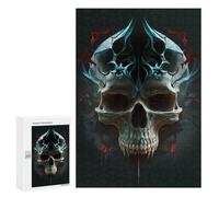 Puzzle 300 PCS pour Adolescents Skull with Blue and Red Flames Puzzle Jeux De Famille Assemblage De Motifs Cadeaux Uniques pour Anniversaire Et Noël 300 PCS