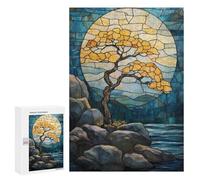 Puzzle 300 PCS pour Adolescents Stained Glass Tree & Moon Puzzle Adulte Jeu Manuel Décoration Intérieure Cadeaux Uniques pour Anniversaire Et Noël 300 PCS