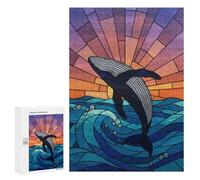 Puzzle 300 PCS pour Adolescents Stained Glass Whale Leaping from Ocean Jeux De Puzzle Relaxants, Défi Difficile, Cadeaux Uniques pour Anniversaire Et Noël 300 PCS