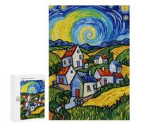 Puzzle 300 PCS pour Adolescents Stylized Village Landscape Painting Jeux De Puzzle Relaxants, Défi Difficile, Cadeaux Uniques pour Anniversaire Et Noël 300 PCS