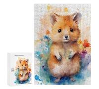 Puzzle 300 PCS pour Adolescents Watercolor Hamster with Flowers Puzzle Jeux De Famille Assemblage De Motifs Cadeaux Uniques pour Anniversaire Et Noël 300 PCS