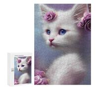 Puzzle 300 PCS pour Adolescents White Cat with Flowers Puzzles pour Adultes Jeu Familial Décoration Intérieure pour Anniversaire, Noël 300 PCS