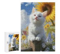 Puzzle 300 PCS pour Adolescents White Kitten with Sunflowers Puzzle pour Adolescents Améliore La Mémoire Défi À Compléter Amusant en Famille Et Soirée Jeux 300 PCS