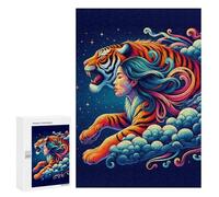 Puzzle 300 PCS Pour Adultes A Vibrant, Stylized Tiger with Flowing Mane And Body, Emerging from Clouds Against A Starr Puzzle Casse-tête Jeu De Réflexion Difficile Offrez-le En Cadeau À Toute La Famil