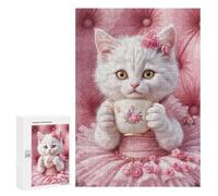 Puzzle 300 PCS pour Adultes Elegant Cat with Tea Cup Puzzle Anti-Stress, Jouet pour S'amuser en Famille, Cadeau Anti-Stress 300 PCS