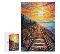 Puzzle 300 PCS Stained Glass Sunset Train Tracks-1 Puzzle pour Adolescents Améliorez Votre Mémoire Entraînez Votre Cerveau Et Vos Mains Jouets Addictifs pour Cultiver La Patience 300 PCS