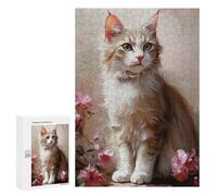 Puzzle 300 PCS White Cat with Pink Flowers Puzzles pour Adultes Jouets Anti-Stress Vacances À La Maison Tuer Le Temps Faire Travailler Le Cerveau 300 PCS