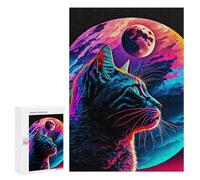 Puzzle 300 pièces pour adolescents Cat Looking at The Moon Jeu pratique pour décoration de la maison, anniversaire et Noël 300 pièces