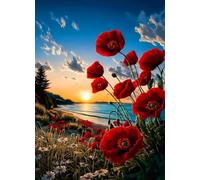 Puzzle 3000 Pièces pour Adultes 122x81cm - Coucher Soleil Coquelicots Rouges - Casse-Tête de Défis et Relaxation - Décoration Murale Artistique pour Hommes et Femmes