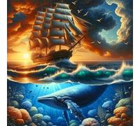 Puzzle 35 pièces pour Adulte,Baleines naviguant au Coucher du Soleil 12x12 cm DIY De Puzzle,Divertissement créatif,Jeux éducatifs à défis Puzzles pour Toute la Famille
