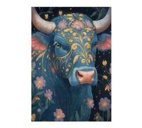 Puzzle 38x26cm/1000pcs pour Adolescents Blue Cow with Floral Design Casse-tête pour Adultes Jeu De Réflexion Décoration Intérieure Est Idéal comme Cadeau 38x26cm/1000pcs