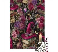 Puzzle 38x26cm/1000pcs pour Adultes Chapeau de sorcière, Rose, grimoire,pour Femmes Et Hommes,Planche en Bois,Verrouillage De Précision Bougie et Croissant de Lune