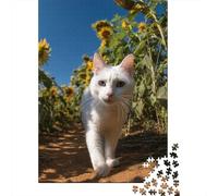 Puzzle 38x26cm/1000pcs pour Adultes Chat Blanc Marchant sur Le Chemin dans Un Champ de tournesols,pour Femmes Et Hommes,Planche en Bois,Verrouillage De Précision