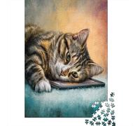 Puzzle 38x26cm/1000pcs pour Adultes Chat Jouant avec Une Tablette,pour Femmes Et Hommes,Planche en Bois,Verrouillage De Précision