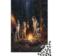 Puzzle 38x26cm/1000pcs pour Adultes Chiens Assis Autour d'un feu de Camp la Nuit,pour Femmes Et Hommes,Planche en Bois,Verrouillage De Précision