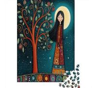 Puzzle 38x26cm/1000pcs pour Adultes Fée Mystique de l'arbre Hippie bohème,pour Femmes Et Hommes,Planche en Bois,Verrouillage De Précision Pleine Lune and Stars