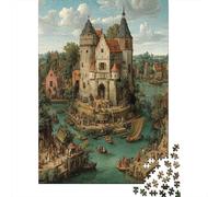 Puzzle 38x26cm/1000pcs pour Adultes Immense château médiéval en Pierre, Bateaux de pêche sur la rivière,pour Femmes Et Hommes,Planche en Bois,Verrouillage De Précision