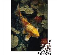 Puzzle 38x26cm/1000pcs pour Adultes Le Koi doré coule dans l'eau,pour Femmes Et Hommes,Planche en Bois,Verrouillage De Précision Lotus