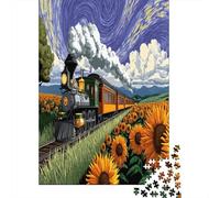 Puzzle 38x26cm/1000pcs pour Adultes Le Train de tournesols Fait la Navette dans Une mer de Fleurs épanouies,pour Femmes Et Hommes,Planche en Bois,Verrouillage De Précision