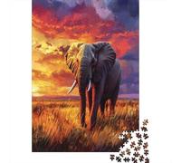 Puzzle 38x26cm/1000pcs pour Adultes Magnifique Coucher de Soleil coloré,pour Femmes Et Hommes,Planche en Bois,Verrouillage De Précision Éléphants on The Grassland