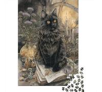 Puzzle 38x26cm/1000pcs pour Adultes Noble Chat Noir à Poil Long,pour Femmes Et Hommes,Planche en Bois,Verrouillage De Précision Livre d'alchimie Ouvert