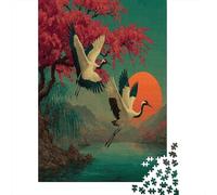 Puzzle 38x26cm/1000pcs pour Adultes Oiseaux survolant Le lac,pour Femmes Et Hommes,Planche en Bois,Verrouillage De Précision Fleurs de Cerisier Roses et saules Verts