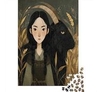 Puzzle 38x26cm/1000pcs pour Adultes Portrait de Paysanne médiévale,pour Femmes Et Hommes,Planche en Bois,Verrouillage De Précision Chèvre Noire