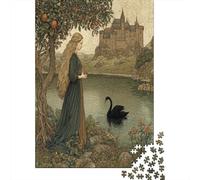 Puzzle 38x26cm/1000pcs pour Adultes Princesse aux Longs Cheveux d'or Debout au Bord du lac, château médiéval,pour Femmes Et Hommes,Planche en Bois,Verrouillage De Précision