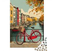 Puzzle 38x26cm/1000pcs pour Adultes Vélos garés près du Canal,pour Femmes Et Hommes,Planche en Bois,Verrouillage De Précision Bâtiments Historiques