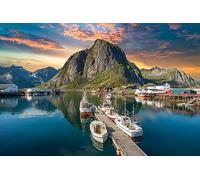 Puzzle 3D Classique 1000 pièces, Bateau de pêche des îles Lofoten, Montagne dans la mer de Norvège Puzzle Classique 26x38CM