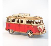 Puzzle 3D en Bois Bus VW T1 Bulli Camper Van | Maquette à Construire en Bois pour Adultes et Adolescents | 226 Pièces | 30x12x14cm | Rouge | Cadeau Créatif