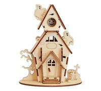 Puzzle 3D en bois maison hantée d'Halloween - Décoration de table | Matériau : bois de tilleul écologique ; dimensions : 14 x 14 x 16 cm ; style : pièce maîtresse de maison hantée creuse 3D