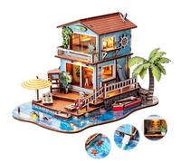Puzzle 3D en bois pour adultes - Modèle de chalet en bord de mer - Kit de construction miniature avec lumières LED - Océan plage maison de vacances modèle rural artisanat décoration d'intérieur cadeau