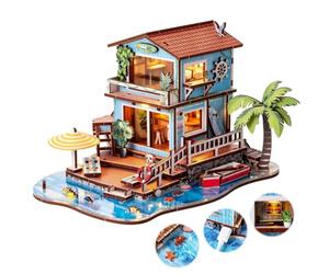 Puzzle 3D en bois pour adultes - Modèle de chalet en bord de mer - Kit de construction miniature avec lumières LED - Océan plage maison de vacances modèle rural artisanat décoration d'intérieur cadeau