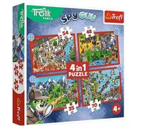 Trefl – Puzzle 4 en 1 The Treflik Family Les Voyages de Treflik, 4 puzzles 35–70 pièces, dès 4 ans