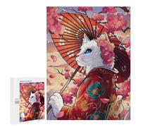 Puzzle 500 PCS Cat Geisha and Cherry Blossoms Puzzles pour Adolescents Course De Vitesse Manuelle Activités Amusantes À La Maison Jeu Stimulant Et Jeu en Famille 500 PCS