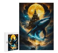 Puzzle 500 PCS Celestial Whale & Moonlit Fantasy Citadel - Surreal Cosmic Ocean Artwork Puzzles pour Adultes Jouets Anti-Stress Vacances À La Maison Tuer Le Temps Faire Travailler Le Cerveau 500 PCS