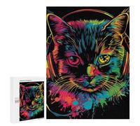 Puzzle 500 PCS Colorful Cat Headphones Art Print Puzzles pour Adultes Améliorent La Mémoire Interaction Parent-Enfant Casse-tête Jeux De Société en Famille 500 PCS