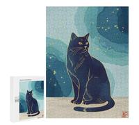 Puzzle 500 PCS Elegant Black Cat Illustration with Gold Accents Puzzles pour Adultes Jouets Anti-Stress Vacances À La Maison Tuer Le Temps Faire Travailler Le Cerveau 500 PCS
