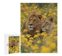 Puzzle 500 PCS Lion Couple in Yellow Flowers-2 Puzzles pour Adultes Améliorent La Mémoire Interaction Parent-Enfant Casse-tête Jeux De Société en Famille 500 PCS