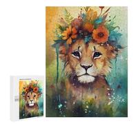 Puzzle 500 PCS Lion with Flower Crown Art Print Puzzles pour Adultes Améliorent La Mémoire Interaction Parent-Enfant Casse-tête Jeux De Société en Famille 500 PCS