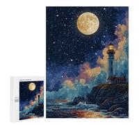 Puzzle 500 PCS Moonlit Coastal Lighthouse Scene Puzzles pour Adultes Améliorent La Mémoire Interaction Parent-Enfant Casse-tête Jeux De Société en Famille 500 PCS