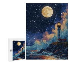 Puzzle 500 PCS Moonlit Coastal Lighthouse Scene Puzzles pour Adultes Améliorent La Mémoire Interaction Parent-Enfant Casse-tête Jeux De Société en Famille 500 PCS