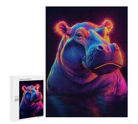 Puzzle 500 PCS Neon Hippo Art Print Puzzles pour Adultes - Cadeau d'anniversaire - Jeu Difficile Et Stimulant - Cadeaux